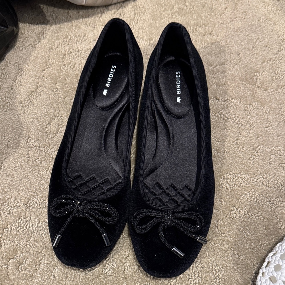 Birdies Black Velvet Loafers with Bow